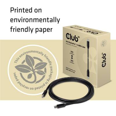 Packaging and cable for 'Club 3D Mini DisplayPort 1.4' printed on environmentally friendly paper. Sustainable design with recycling logo.