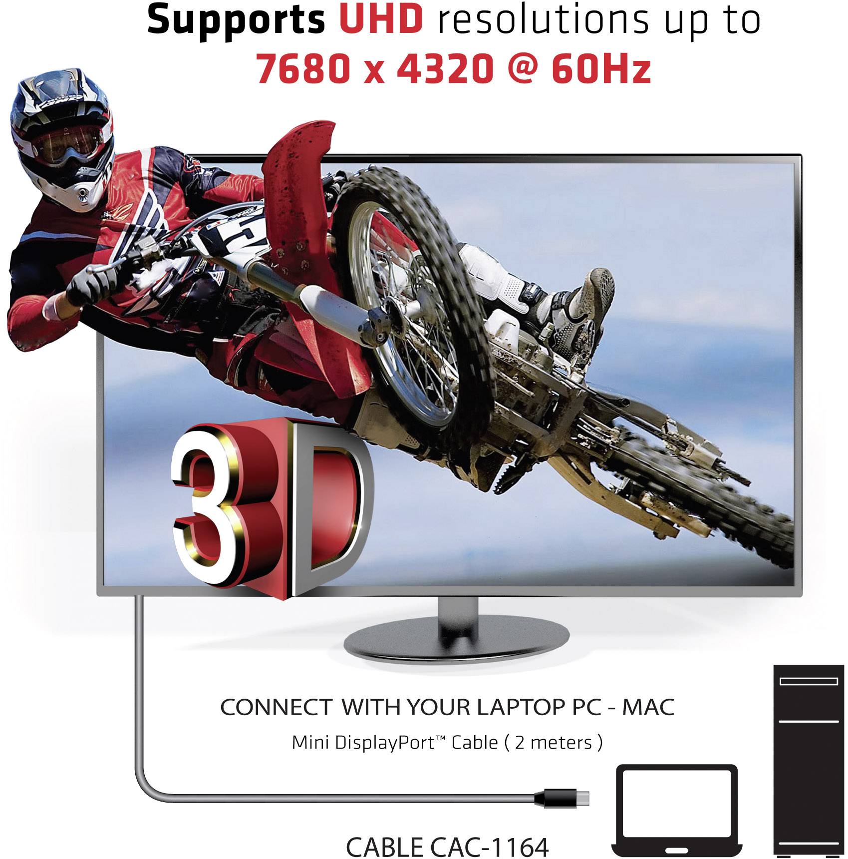 A motorcycle rider jumps in mid-air on a computer screen, displaying a 3D rendering. Text provides information about UHD resolution and connection options.