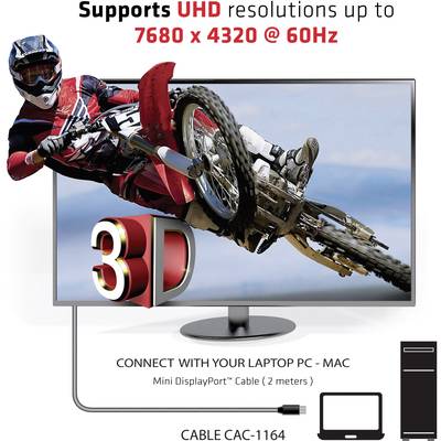 A motorcycle rider jumps in mid-air on a computer screen, displaying a 3D rendering. Text provides information about UHD resolution and connection options.