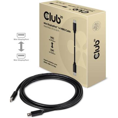 'Club 3D Mini DisplayPort 1.4 HBR3 Cable' illustration shows a black cable, approximately 2 metres long, with Mini DisplayPort connectors.