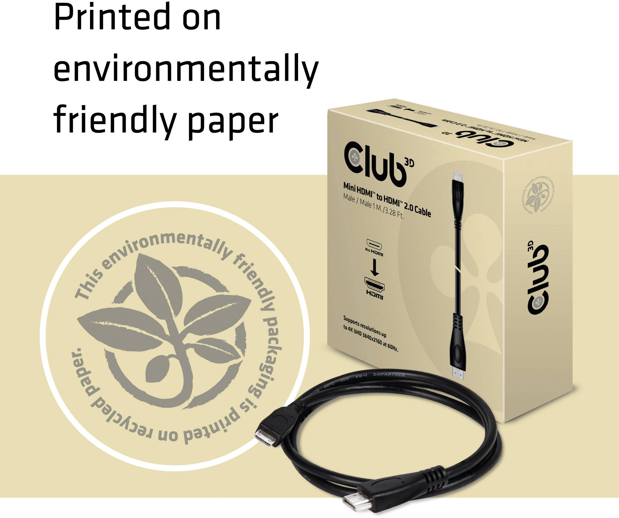 An HDMI cable in front of packaging with the text 'Printed on environmentally friendly paper'. An eco-friendly symbol is visible.