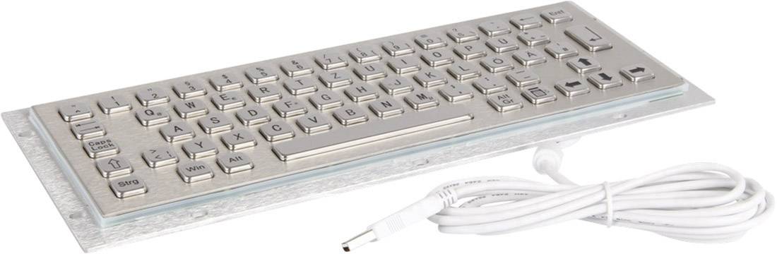 Metal keyboard with integrated numeric keypad and a white connecting cable, suitable for harsh environments.