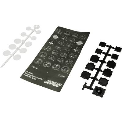 Components of a classic car cockpit instrument model, including dials and panels, for assembly and design.