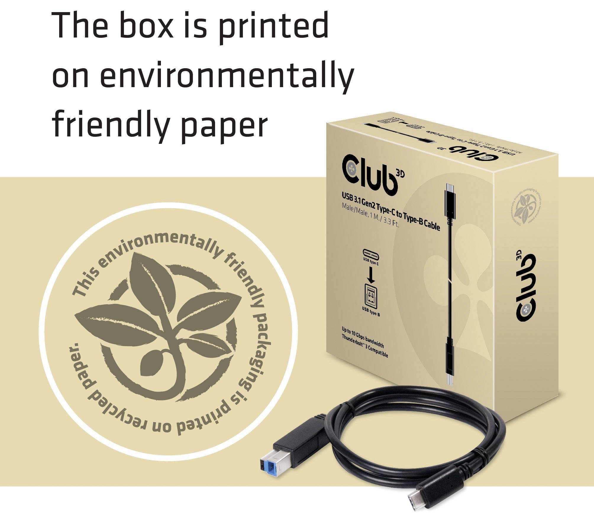 Cardboard packaging with print 'This environmentally friendly package is printed on recycled paper'. Contains a USB cable.