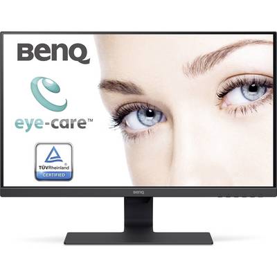 A BenQ monitor screen displays an eye. 'Eye-care' and TÜV Rheinland certification are emphasised, focusing on eye protection.