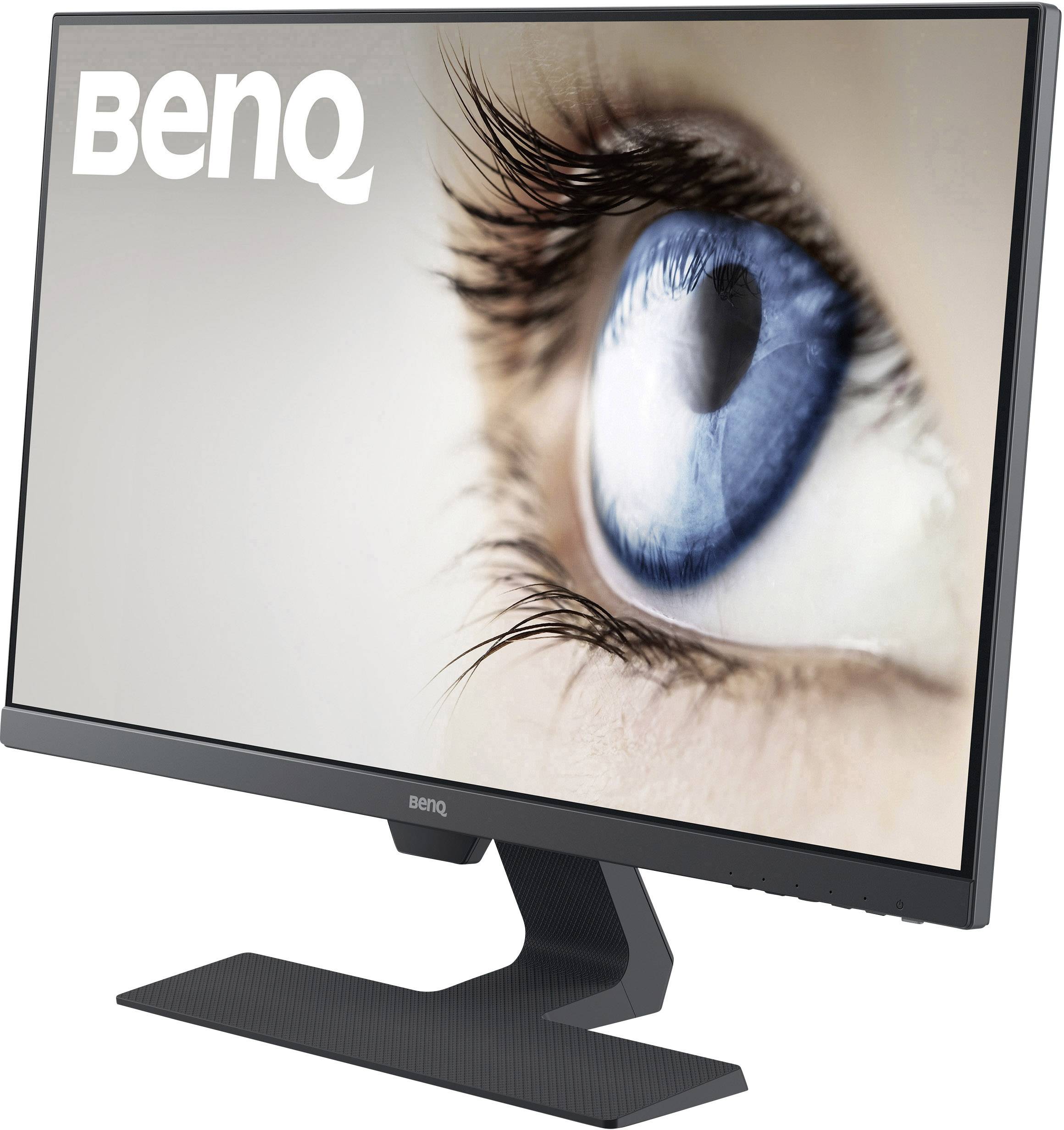 A BenQ monitor displays a large close-up photograph of a blue eye.