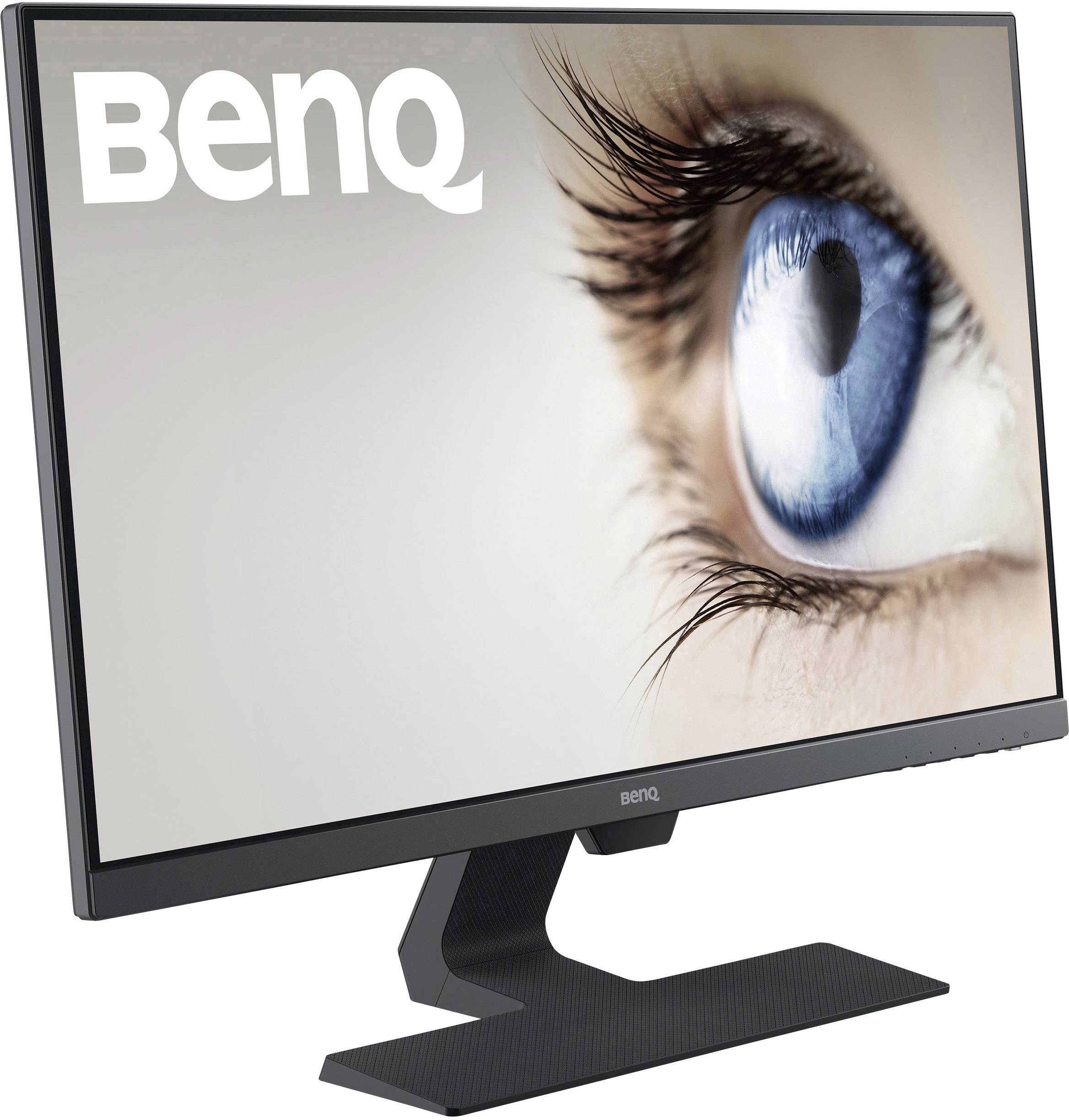 A computer monitor displays an image of a human eye with a blue iris on a light background. 'BenQ' is written in the top left corner.
