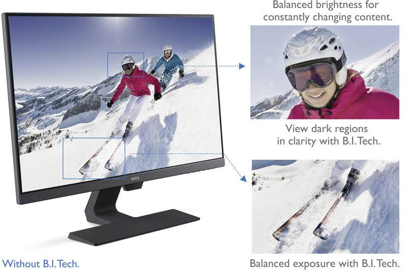 Two skiers on a snow-covered ski slope in sunny weather. The monitor displays the enhanced visibility through B.I.Tech.