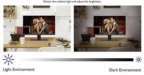 'Image of a desk with a monitor in a light and dark room. Screen shows a couple. Text at the top: Detection of Ambient Brightness.'