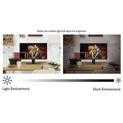 'Image of a desk with a monitor in a light and dark room. Screen shows a couple. Text at the top: Detection of Ambient Brightness.'