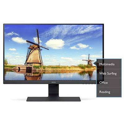 A monitor displays an image of windmills against a blue sky. On the right side of the screen, a menu with options: 'Multimedia', 'Web Browsing', 'Office', 'Reading'.