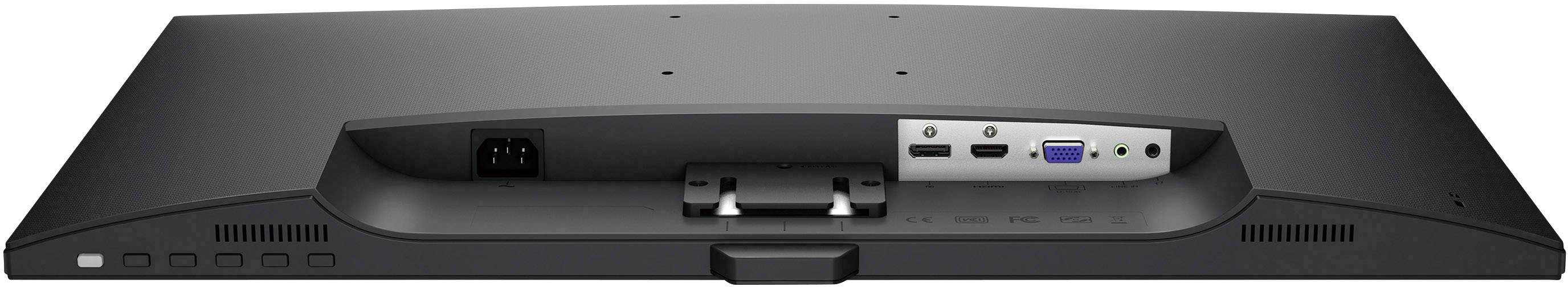 Back of a monitor with HDMI, DisplayPort and VGA ports along with a power cable socket.
