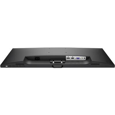 Back of a monitor with HDMI, DisplayPort and VGA ports along with a power cable socket.