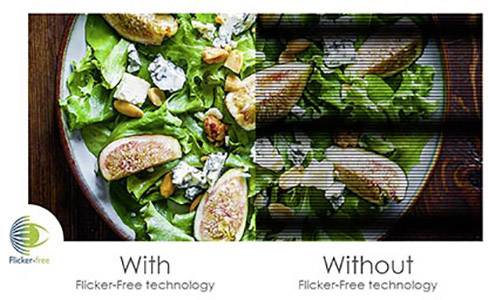 Image shows a salad. Left side: clear, 'With Flicker-Free technology'. Right side: flickering, 'Without Flicker-Free technology'.