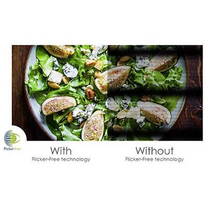 Image shows a salad. Left side: clear, 'With Flicker-Free technology'. Right side: flickering, 'Without Flicker-Free technology'.