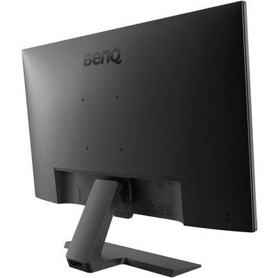 Back of a black BenQ monitor on a table, showing the monitor's tilt adjustment capability.