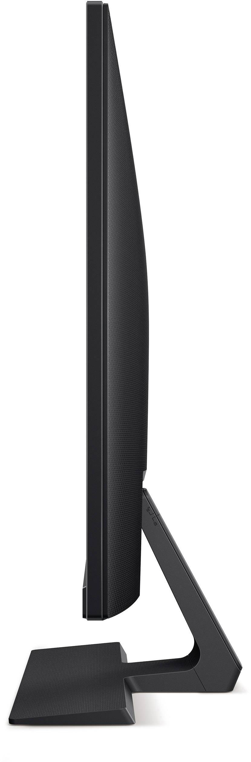 A black computer monitor with a slim, side profile mounted on a rectangular stand.