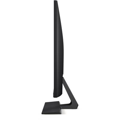 A black computer monitor with a slim, side profile mounted on a rectangular stand.