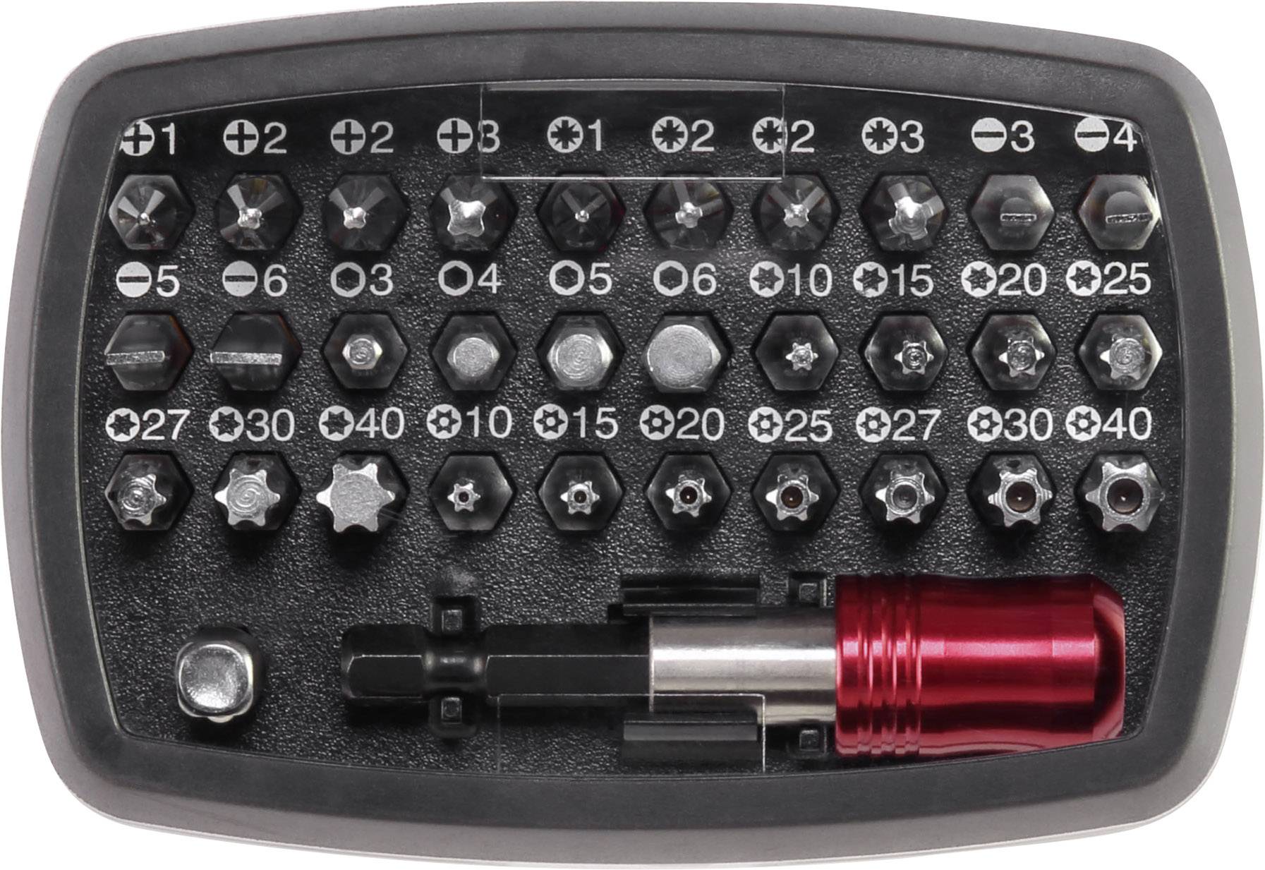 A set of 44 screwdriver bits in various shapes and sizes, including a red handle, organised in a black box.