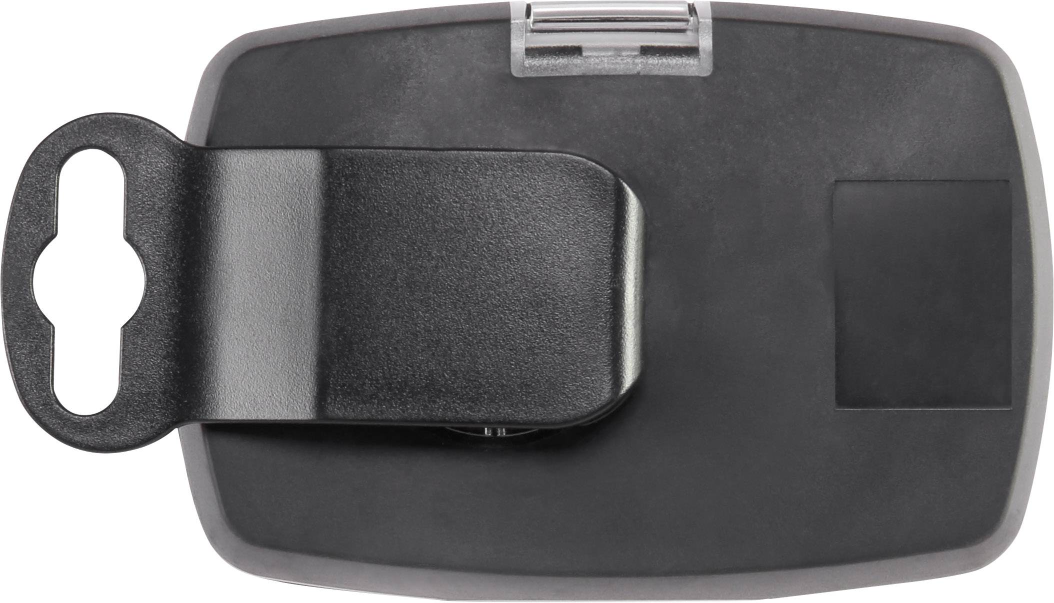 A black belt clip with a rectangular shape and rounded edges. A clear plastic holder is situated at the top.