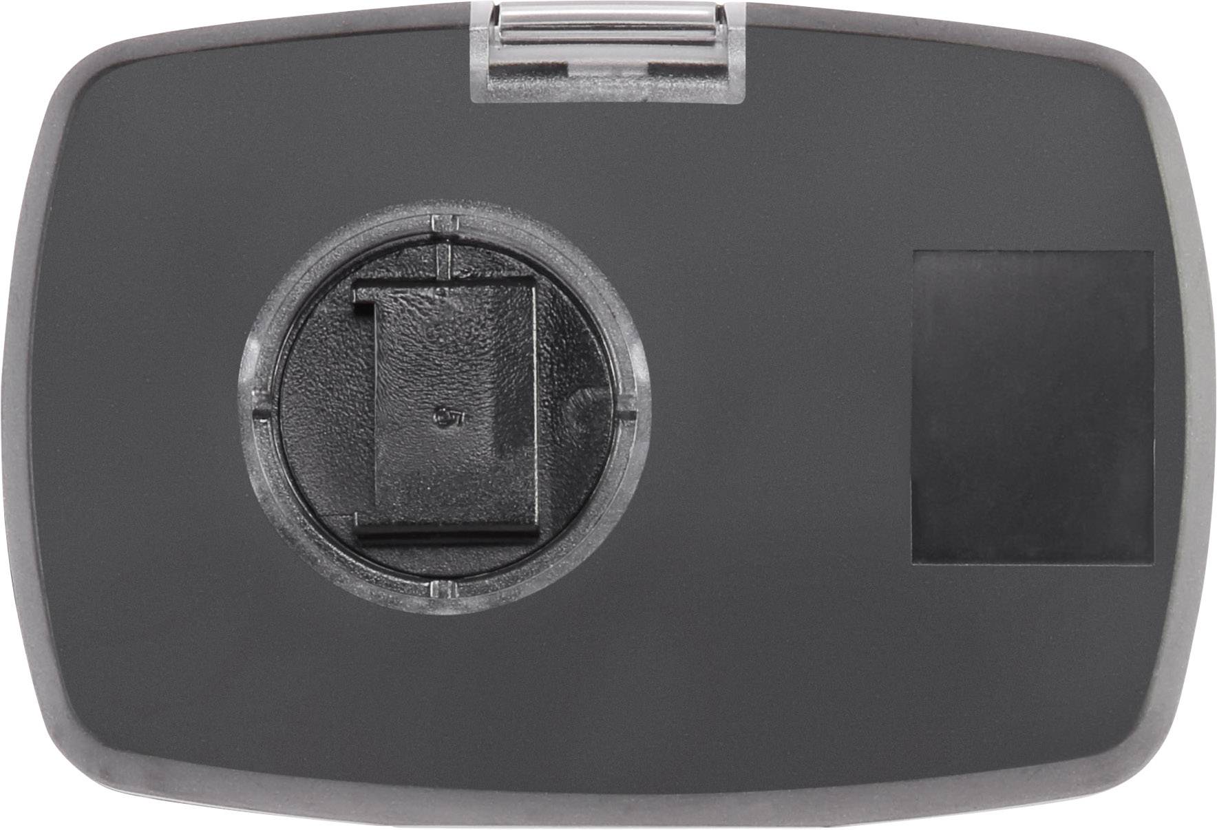 A rectangular, dark plastic casing with a round, protruding part in the centre and a small, square area to the right.