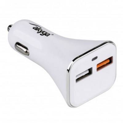 White USB car charger with two ports: one orange and one grey.