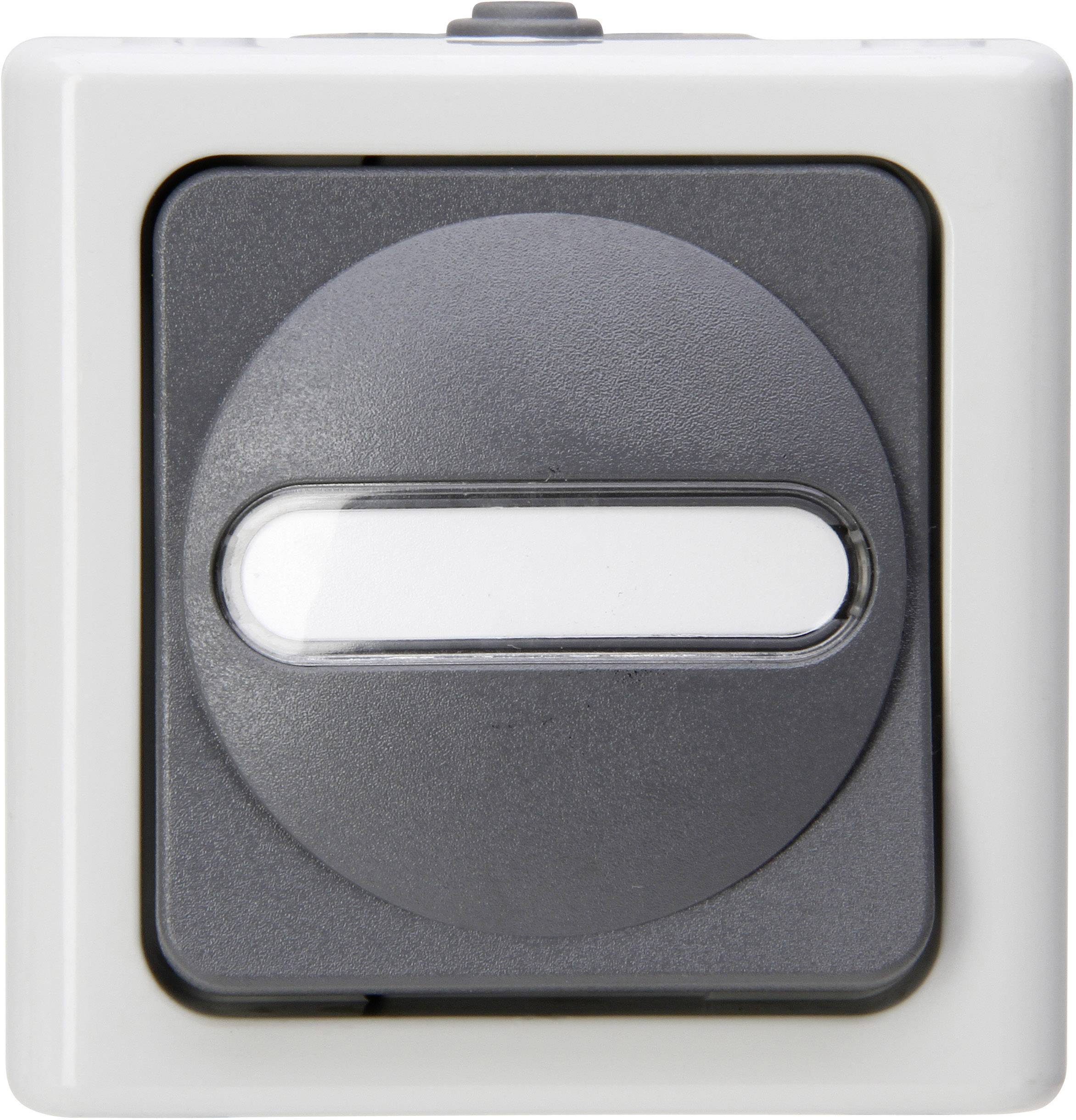 A square light switch in grey and white. It has a central oval button with a white stripe, suitable for wall lights.