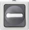 A square light switch in grey and white. It has a central oval button with a white stripe, suitable for wall lights.