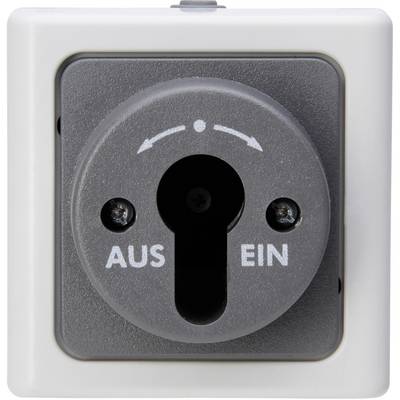 Grey safety key switch for electrical devices with 'OFF' markings on the left and 'ON' markings on the right on a white housing.