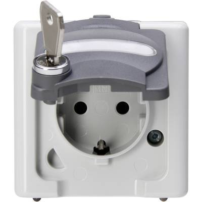Socket with a protective cover and a key inserted for securing it.