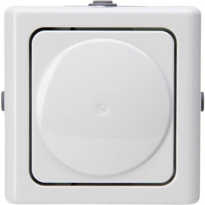 White, square socket or switch with a round rotary knob in the centre, mounted on a white wall.