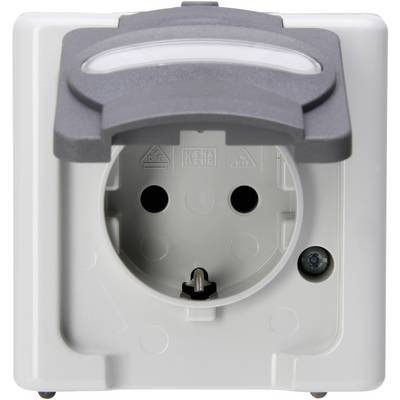 Socket with protective cover, suitable for damp areas. Grey cover and white base plate, simple installation required.