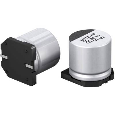 Two silver electrolytic capacitors with black bases on a white background, displaying model numbers and capacitance values.