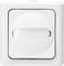 A white, square light switch with an oval, transparent toggle in the centre.