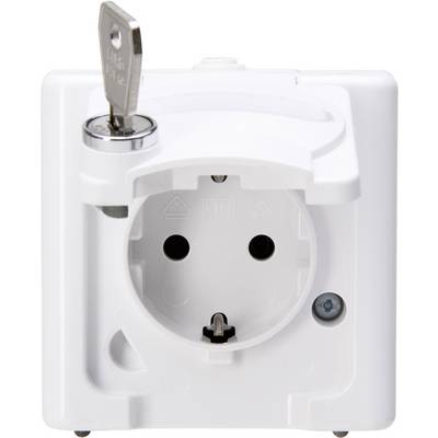 A white protective socket outlet with one socket and a safety lock that can be secured with a key.