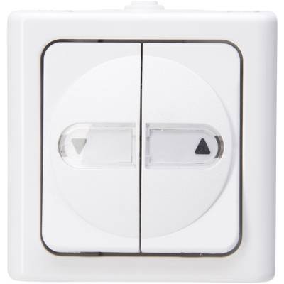 A white wall switch with two buttons, each with a black arrow pointing up and down. Used for controlling devices such as blinds or shutters.