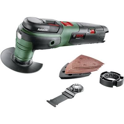 Multifunction tool with various attachments, including sandpaper and cutting blade, offers versatile usage options.