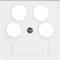 A white front plate with four round recesses and a screw in the centre. Beneath the circles is a rectangular cut-out.