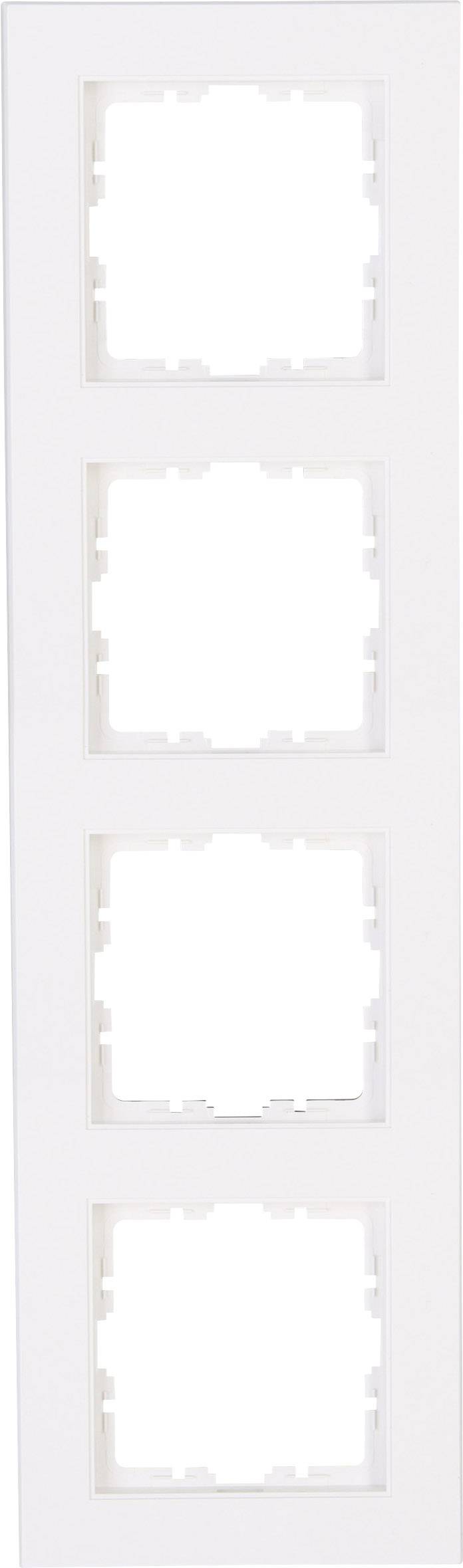 Four-gang frame in white plastic, designed to accommodate four switches or sockets, mounted in a vertical configuration.