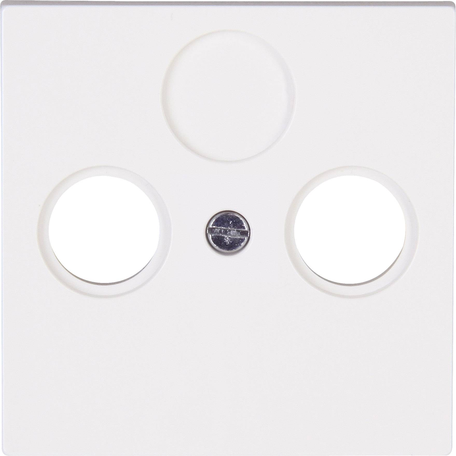 White, square cover with two round openings and a small central screw beneath, likely for electrical sockets.
