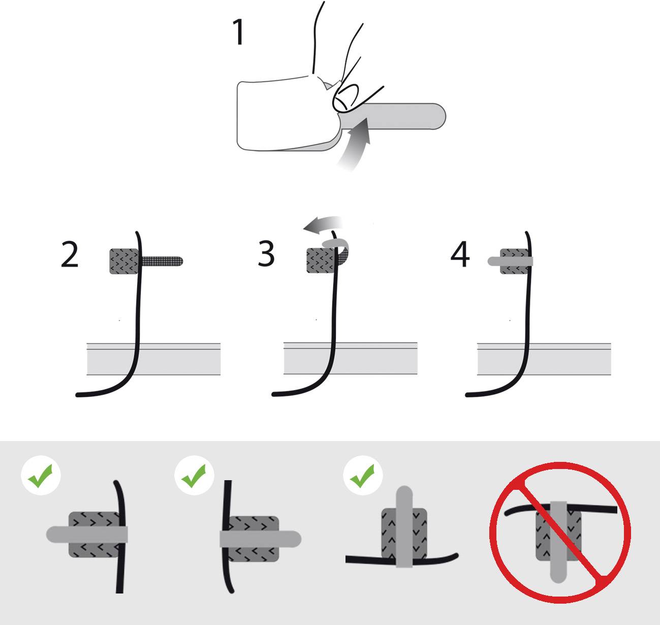 'Instructions for Correctly Positioning a Hook. Steps 1-4 show the correct procedure. Incorrect and correct examples shown below.'