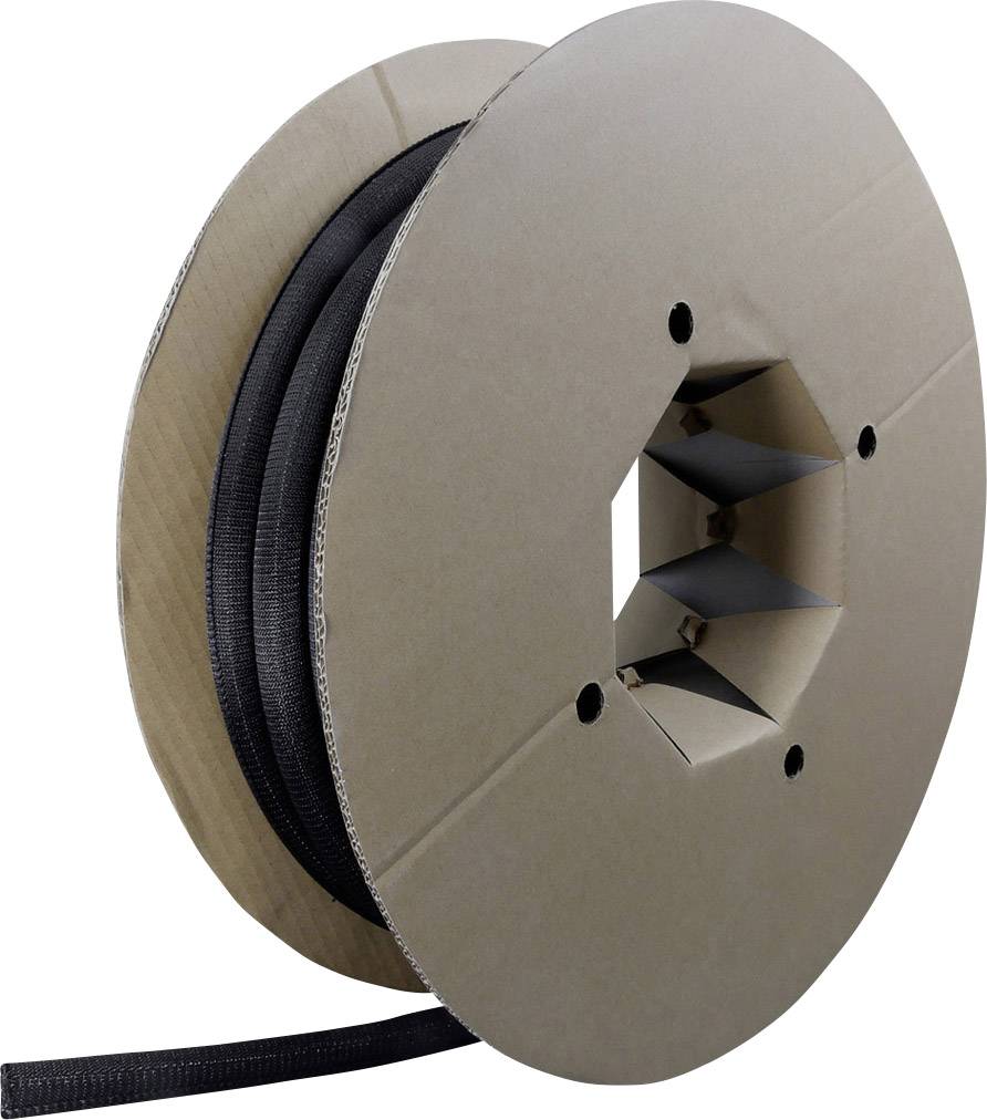 Black cable protection conduit on a large, round cardboard reel. The conduit is partially unrolled and made of flexible material.
