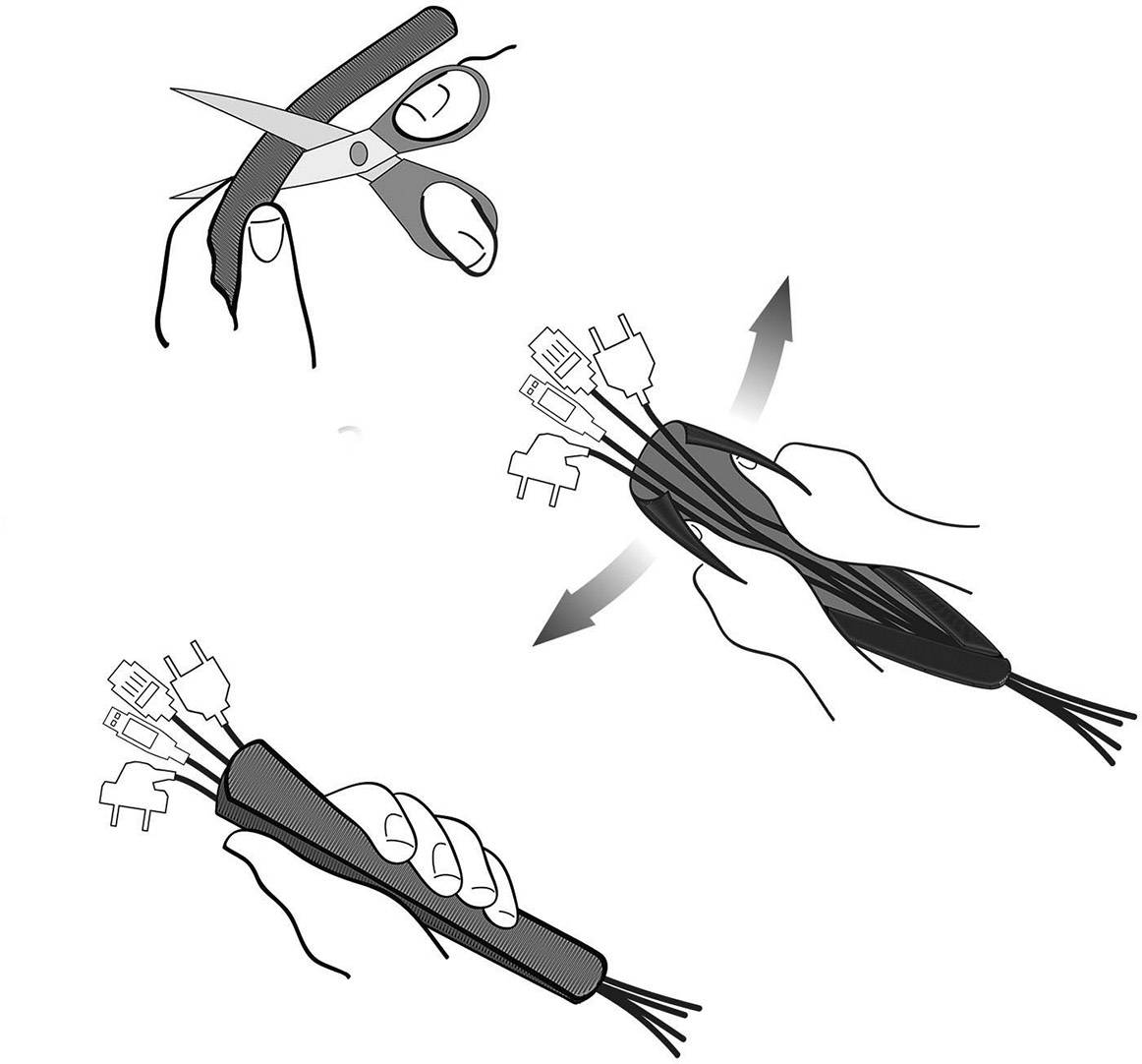 'Guidance for Cable Installation: Top - Cut cable with scissors. Middle - Place cable in guide sleeve. Bottom - Sleeve closed with cables.'