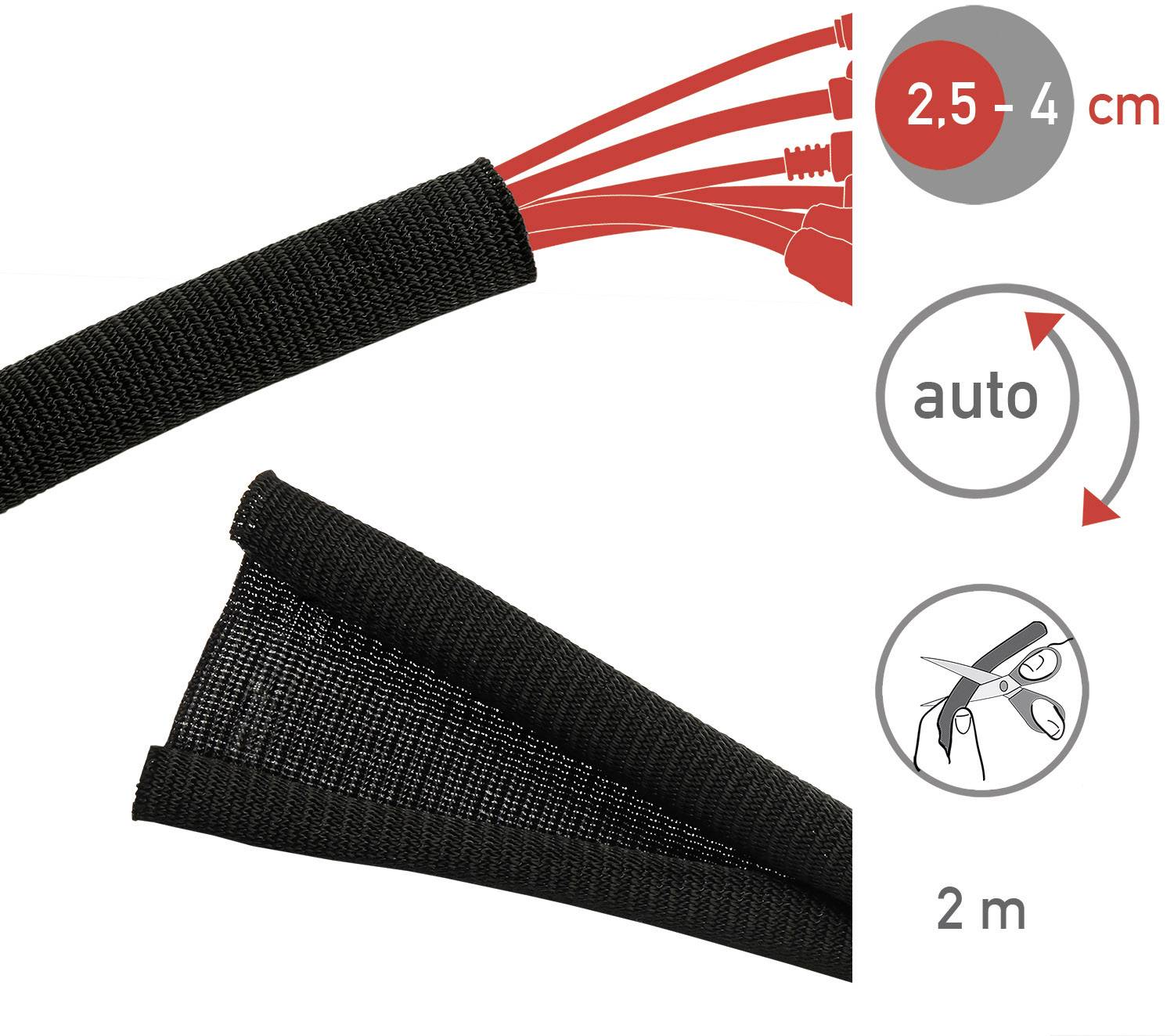 Cable sleeve for cable management, black, 2 metres long, diameter 2.5-4 cm, self-sealing, cuttable.