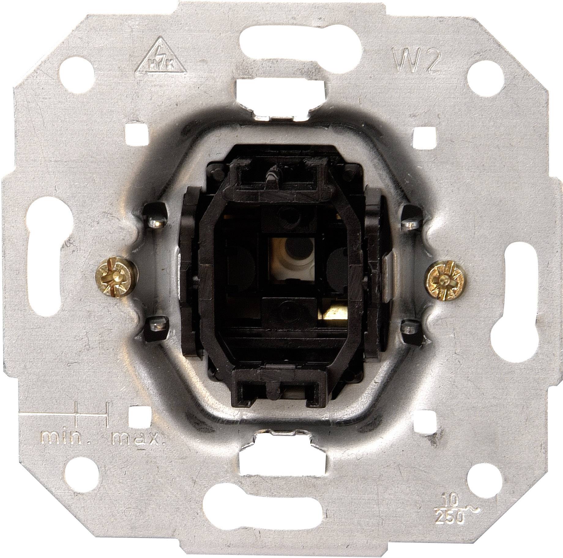 Close-up of an electrical switch without its cover, revealing the metal frame and connection terminals. Suitable for installation purposes.