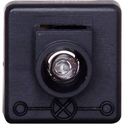 A black mechanical key switch with a circular, metallic spring in the centre, surrounded by a square housing.