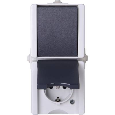 A white socket with a black cover that can be flipped open to reveal the socket.