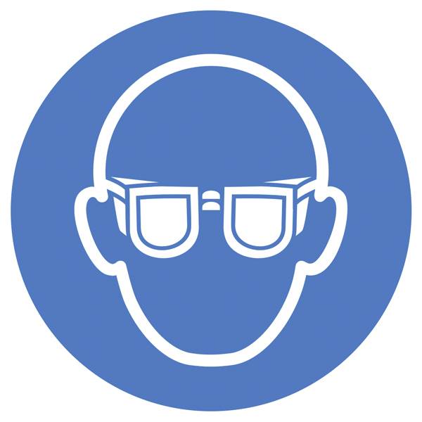 The image depicts a white pictogram of a head wearing glasses on a blue background. It resembles a road sign for eye protection.