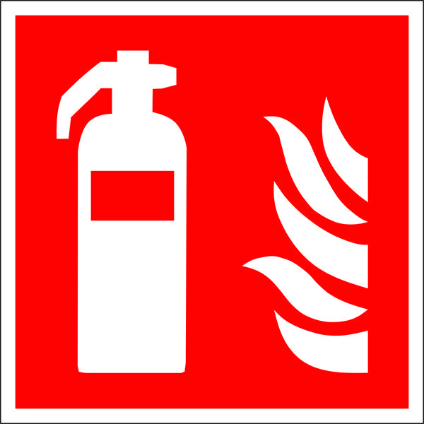 A white fire extinguisher and flame symbol on a red background, indicating the location of a fire extinguisher.