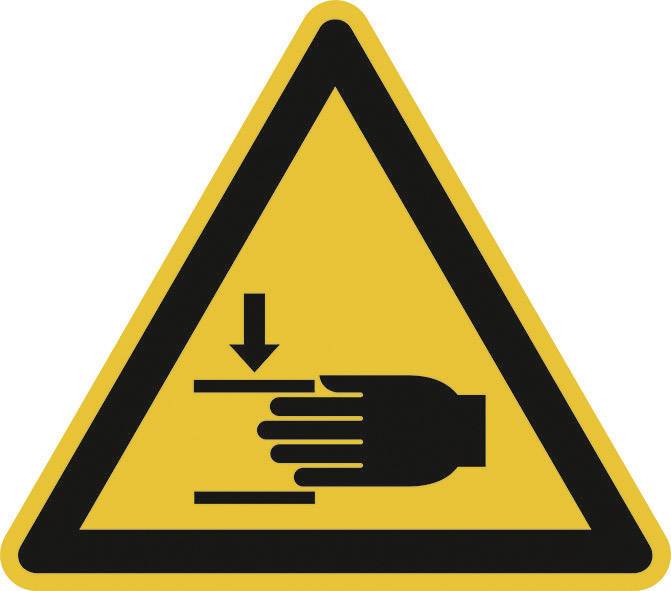 'Triangular yellow warning sign with a black hand beneath an arrow. Danger of crushing from falling or moving parts.'
